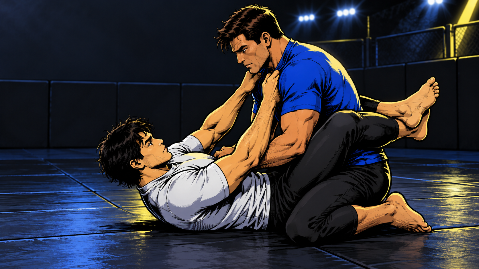Illustration of two jiu-jitsu practitioners training closed guard